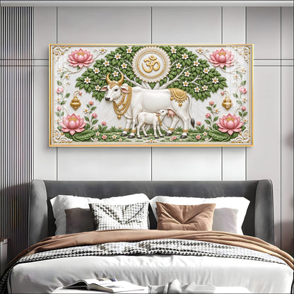 Sacred Kamdhenu Cow Calf Premium Acrylic Horizontal Wall Art