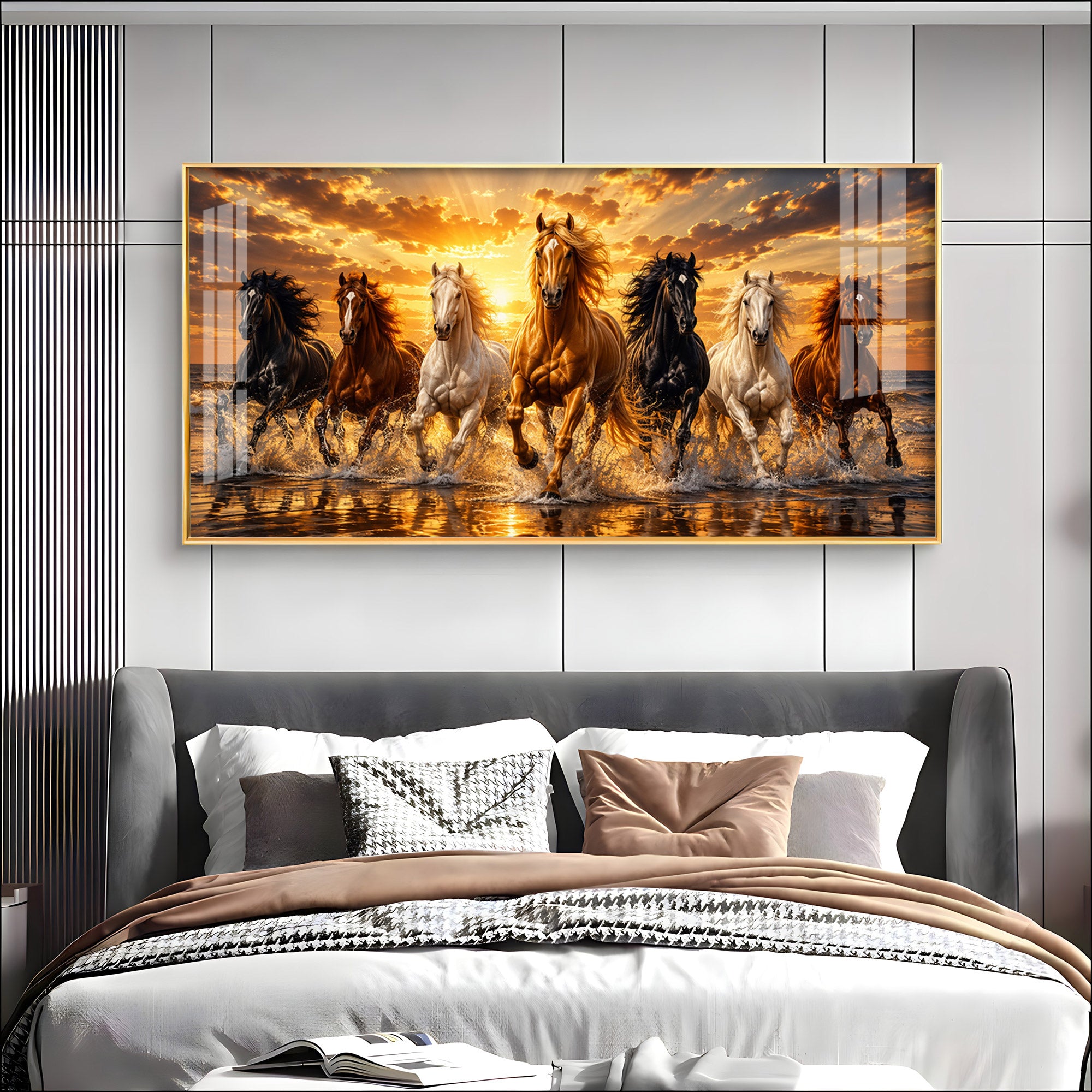 Majestic Seven Horses Golden Hour Premium Acrylic Horizontal Wall Art