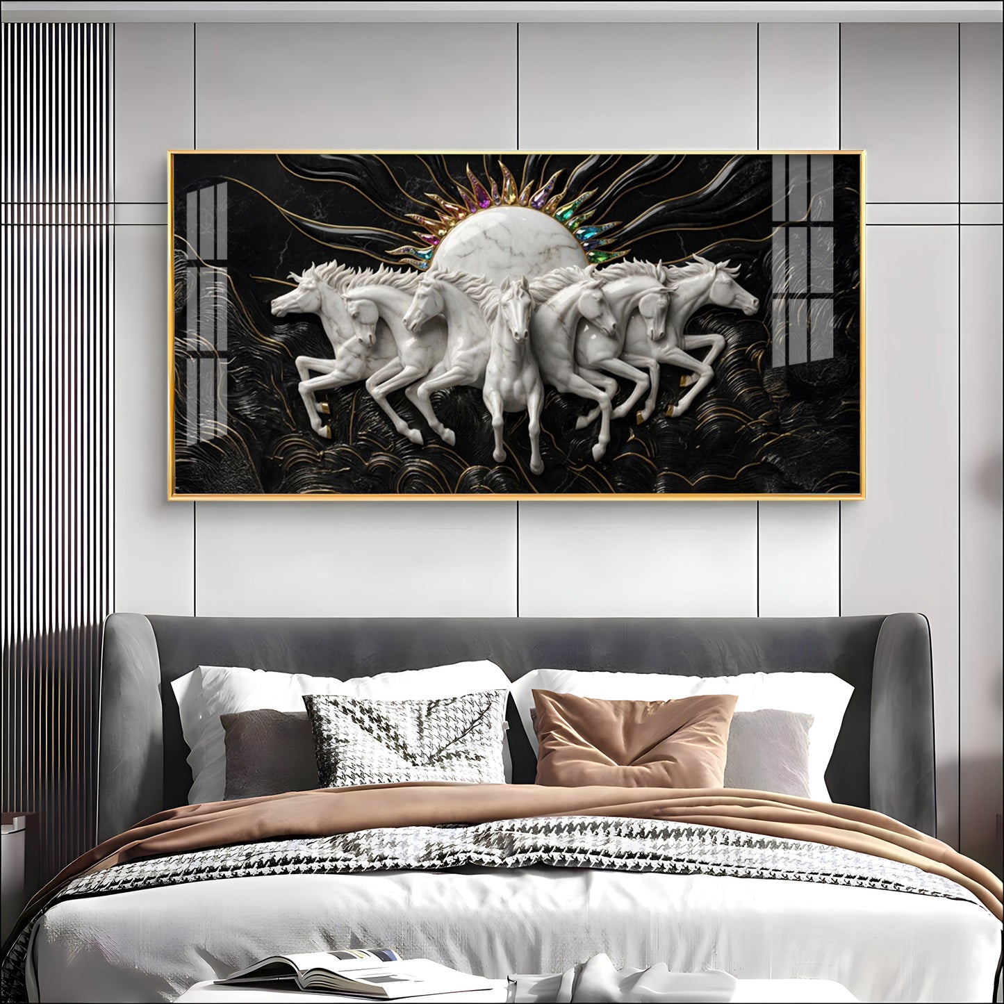 White Running Horses Premium Acrylic Horizontal Wall Art