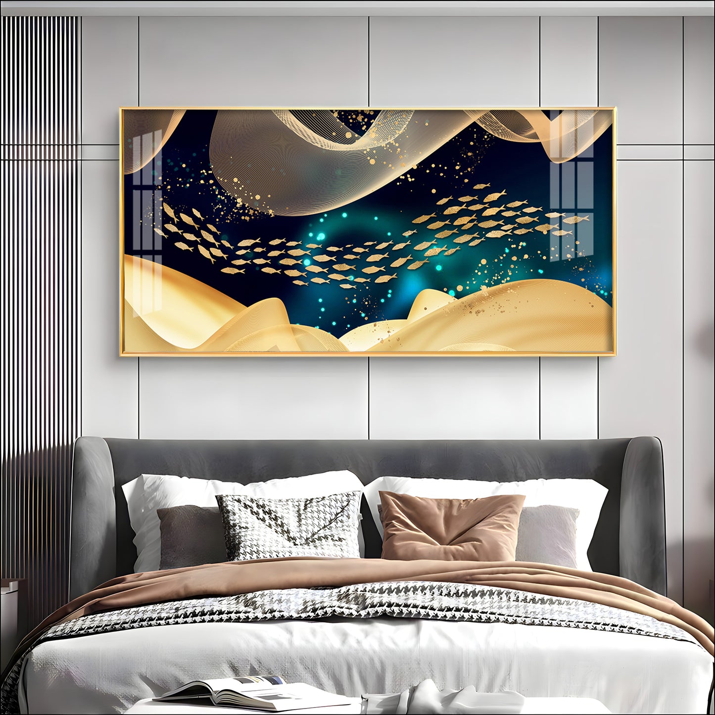 Golden Fish In Dark Blue Underwater Premium Acrylic Horizontal Wall Art