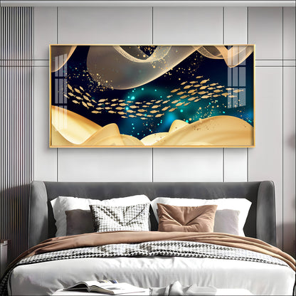Golden Fish In Dark Blue Underwater Premium Acrylic Horizontal Wall Art