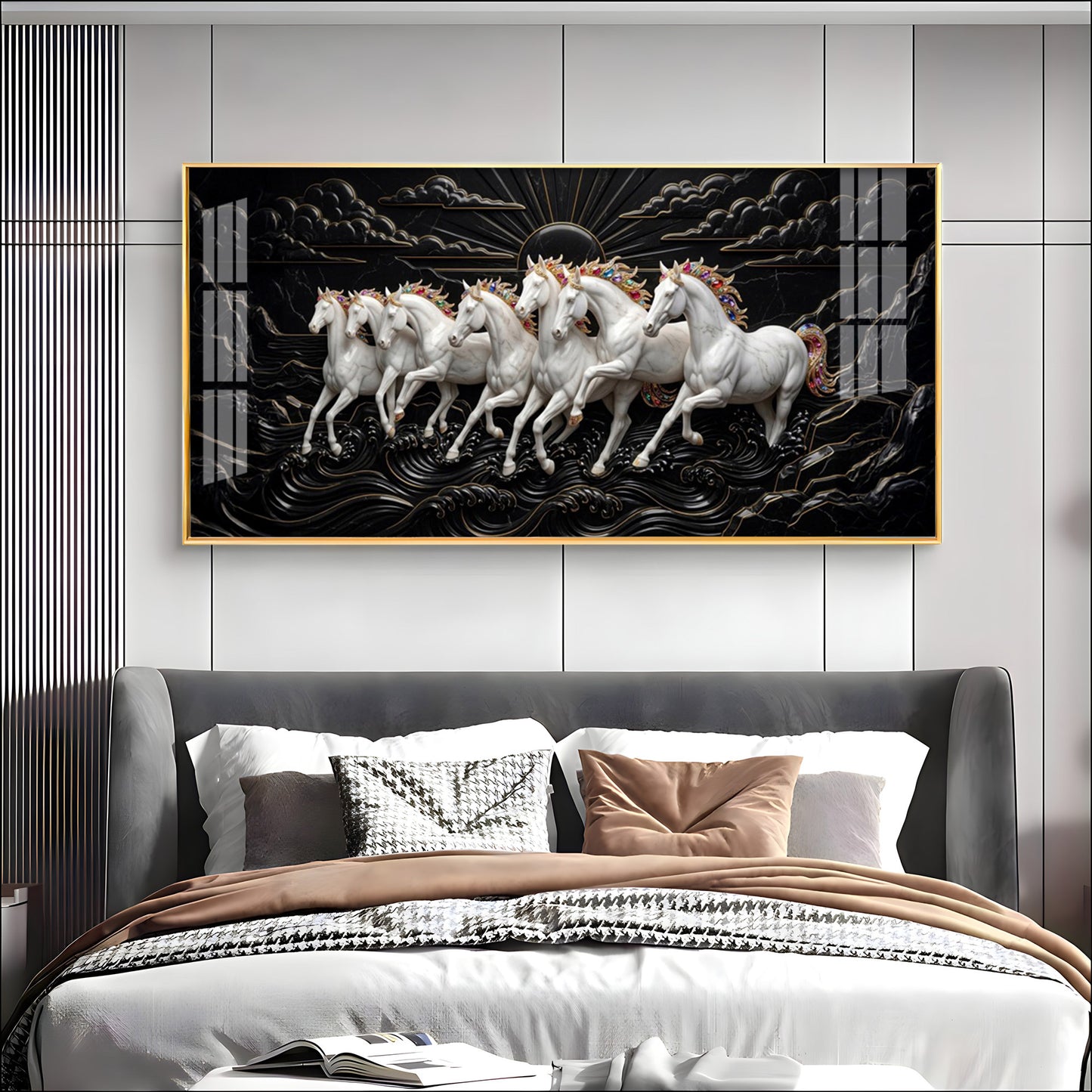 Pure Essence White Seven Horses Premium Acrylic Horizontal Wall Art