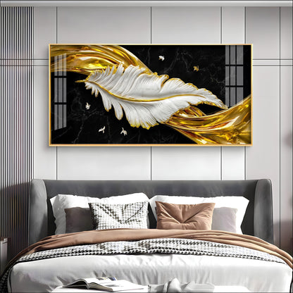 White & Gold Feather Premium Acrylic Horizontal Wall Art