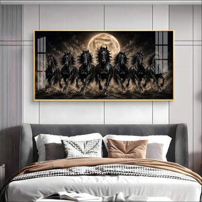 Seven Black Horses Full Moon Premium Acrylic Horizontal Wall Art