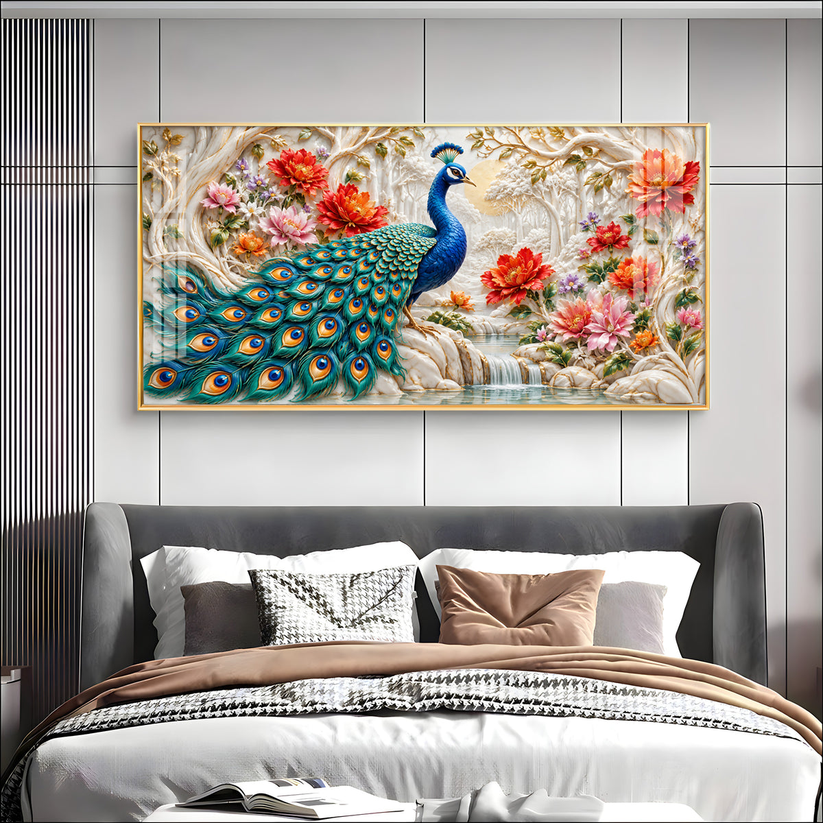 Vibrant Peacock With Floral Premium Acrylic Horizontal Wall Art