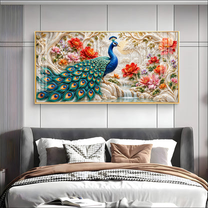Vibrant Peacock With Floral Premium Acrylic Horizontal Wall Art