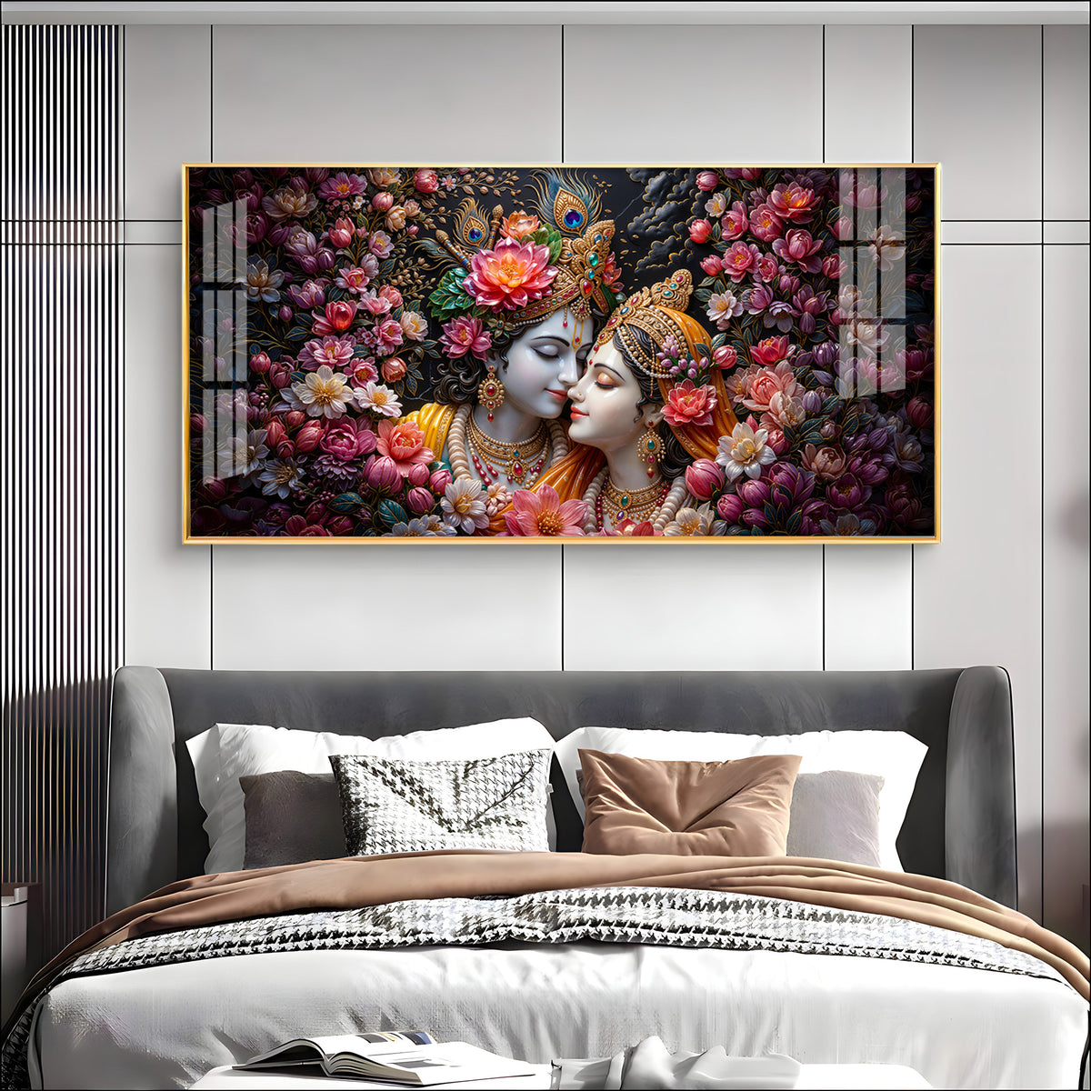 Floral Radha Krishna With Beautiful Background Premium Acrylic Horizontal Wall Art