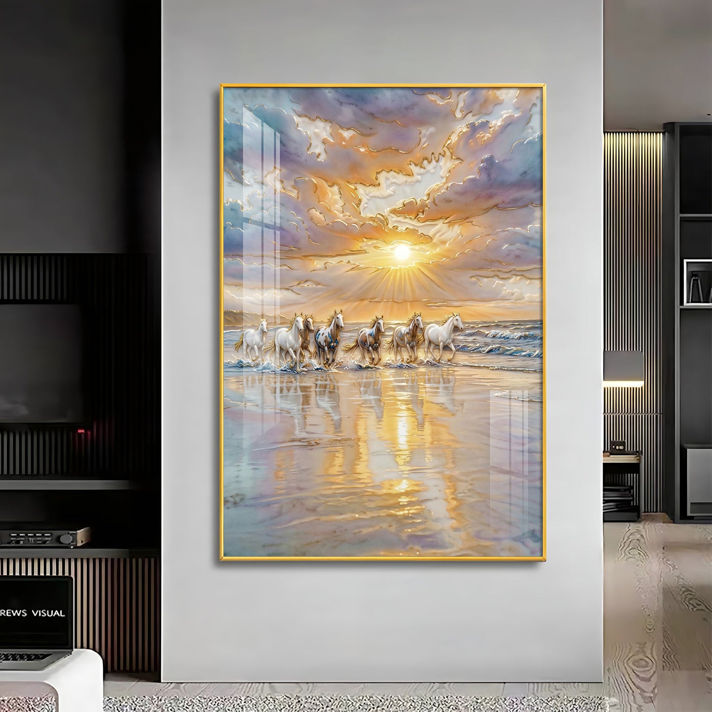 Depicting Seven White Horses Running Premium Acrylic Vertical Wall Art