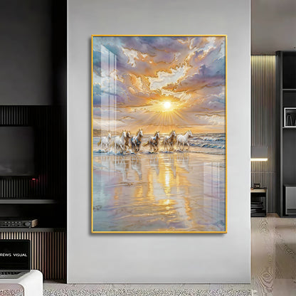 Depicting Seven White Horses Running Premium Acrylic Vertical Wall Art