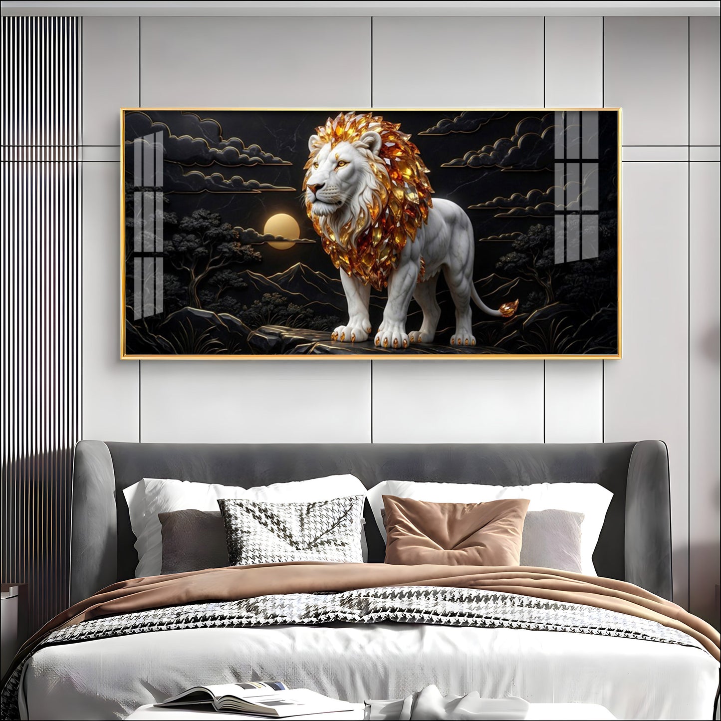 Majestic White & Gold Lion Premium Acrylic Horizontal Wall Art