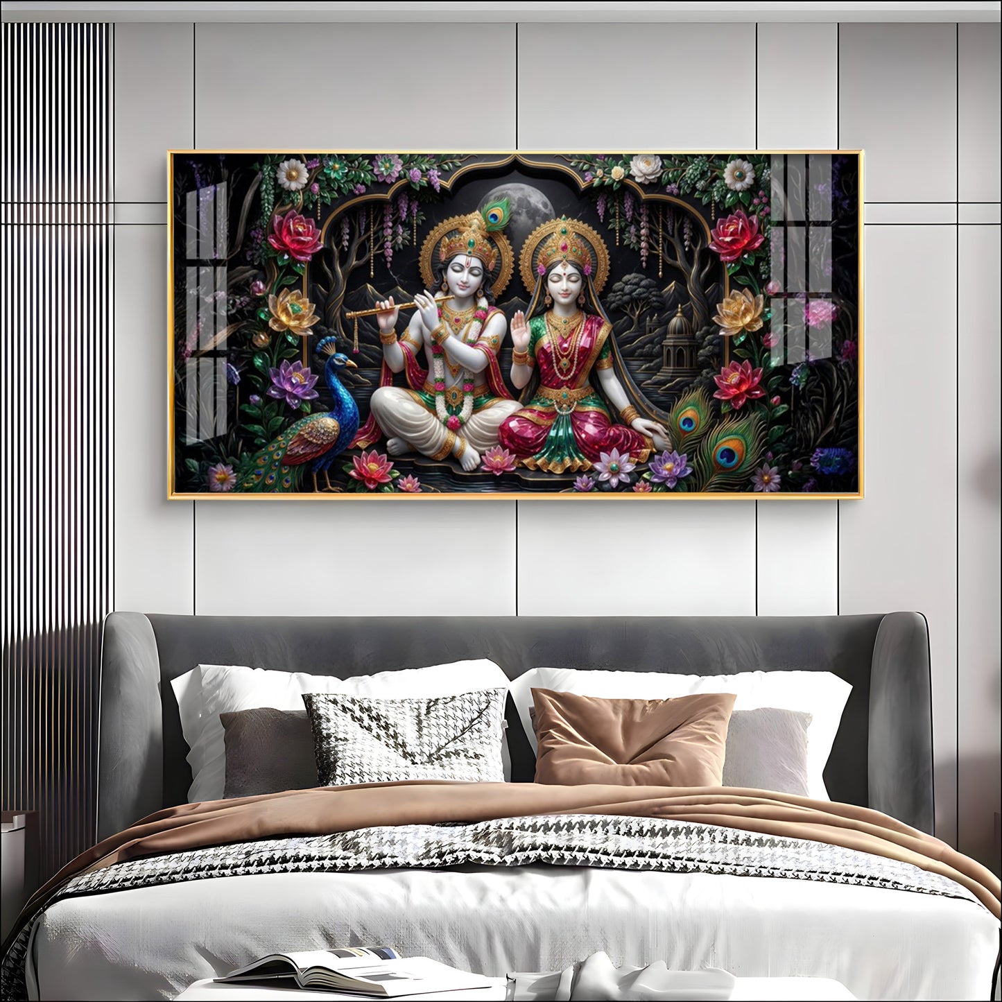 Radha Krishna Ji With Peacock Premium Acrylic Horizontal Wall Art