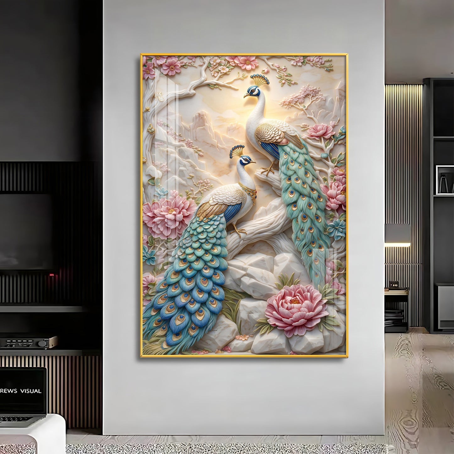 Stylist Peacock and Floral Design Premium Acrylic Vertical Wall Art