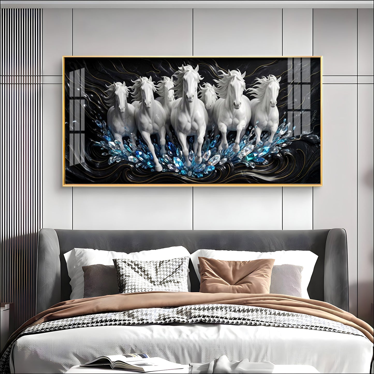 White Seven Running Horses Motivational Premium Acrylic Horizontal Wall Art