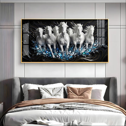 White Seven Running Horses Motivational Premium Acrylic Horizontal Wall Art