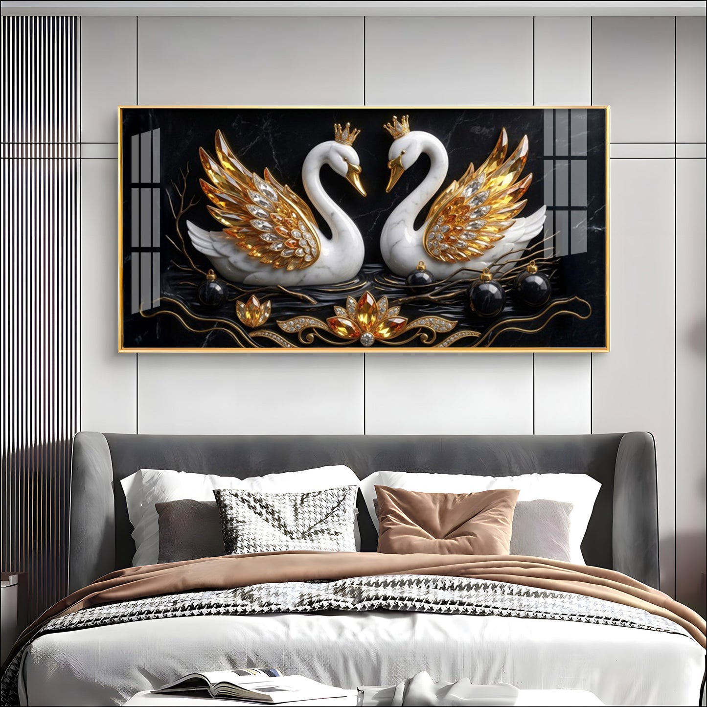Golden Elegance Swans Premium Acrylic Horizontal  Wall Art