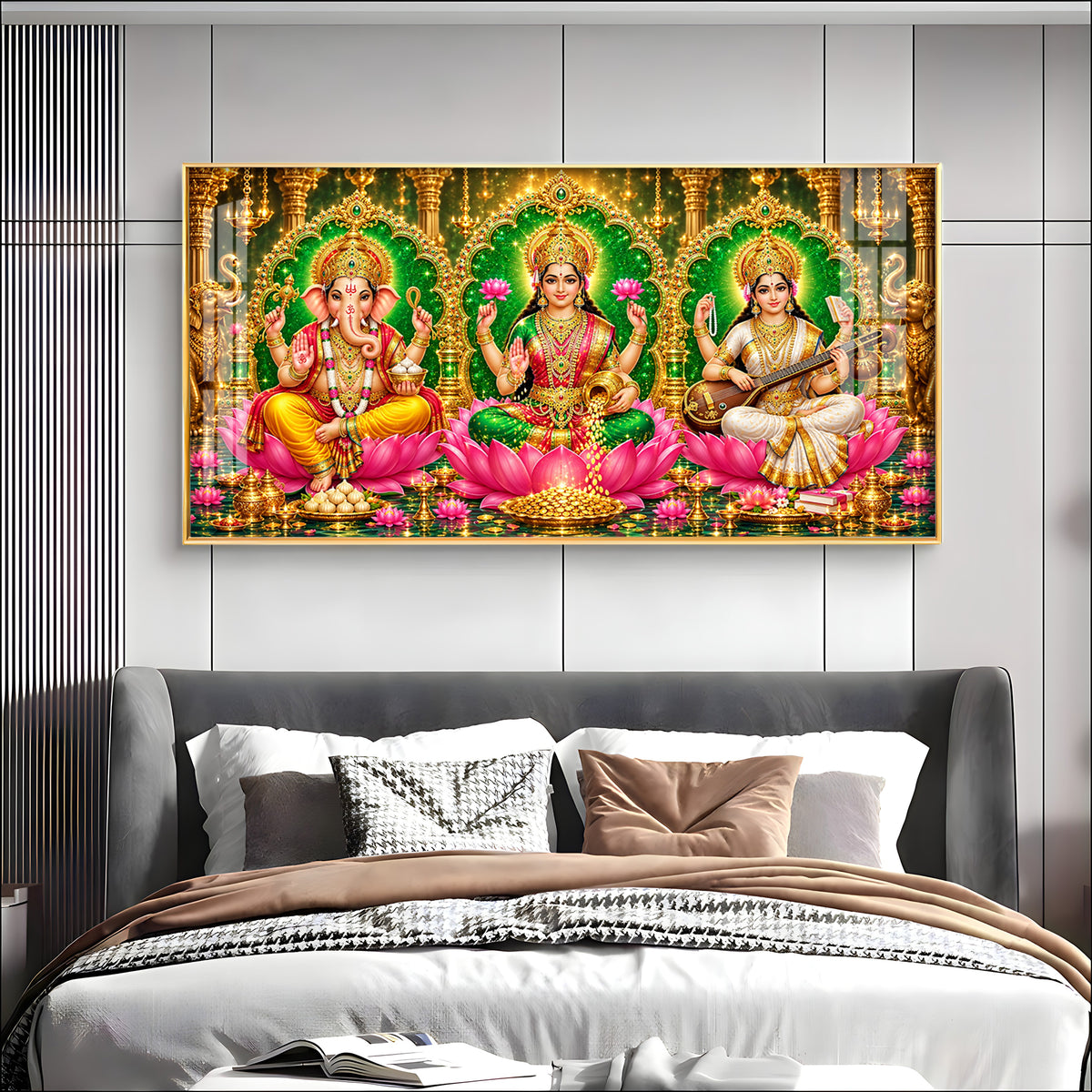 Maa Lakshmi, Ganesha Ji & Saraswati Premium Acrylic Horizontal Wall Art