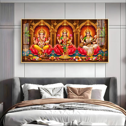Lord Ganesha, Goddess Lakshmi and Goddess Saraswati Premium Acrylic Horizontal Wall Art