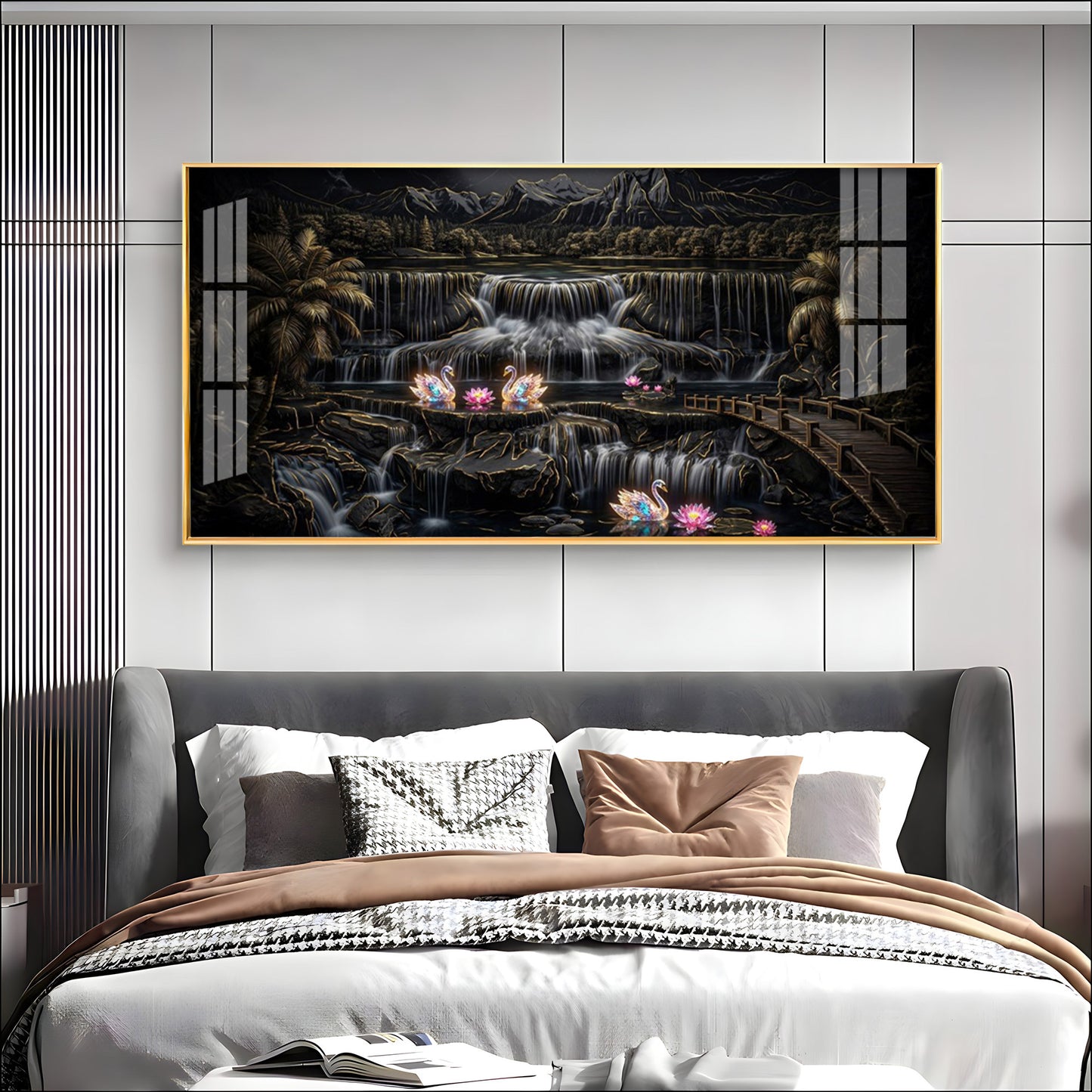 Multi-Tiered Waterfalls Swan Lake Premium Acrylic Horizontal Wall Art