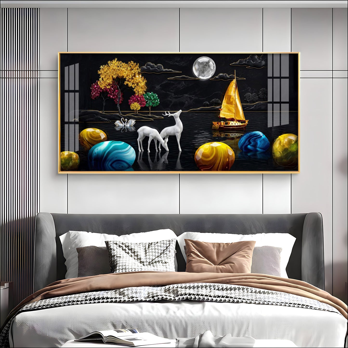 Rustic Serenity With Deer on the Lake Premium Acrylic Horizontal Wall Art
