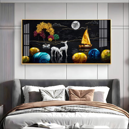 Rustic Serenity With Deer on the Lake Premium Acrylic Horizontal Wall Art