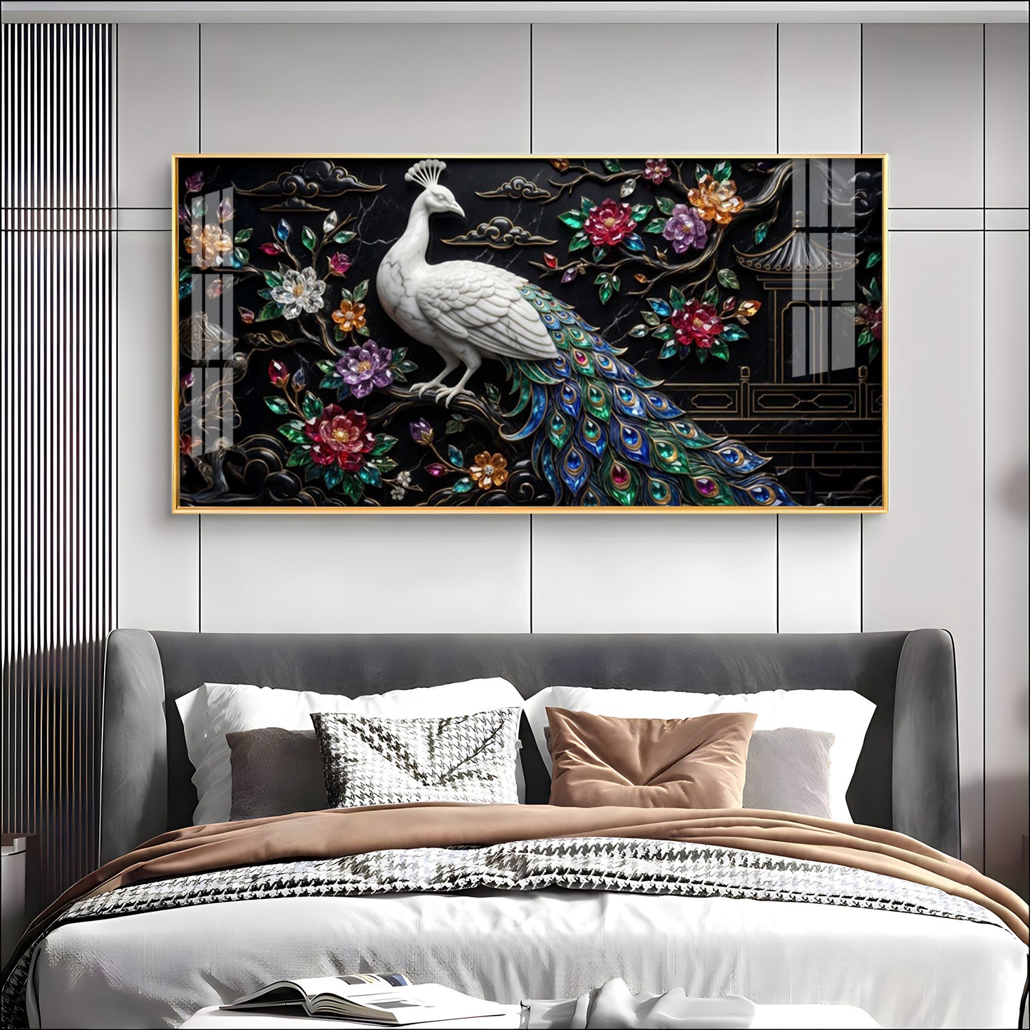 White Peacock With Colorful Background Premium Acrylic Horizontal Wall Art