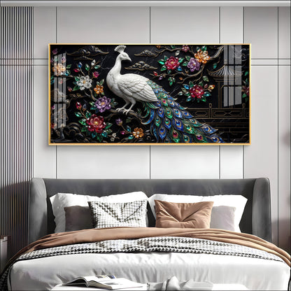 White Peacock With Colorful Background Premium Acrylic Horizontal Wall Art