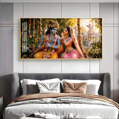Krishna With Radha Seated Together Premium Acrylic Horizontal Wall Art