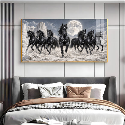 Seven Running Black Horses Premium Acrylic Horizontal Wall Art