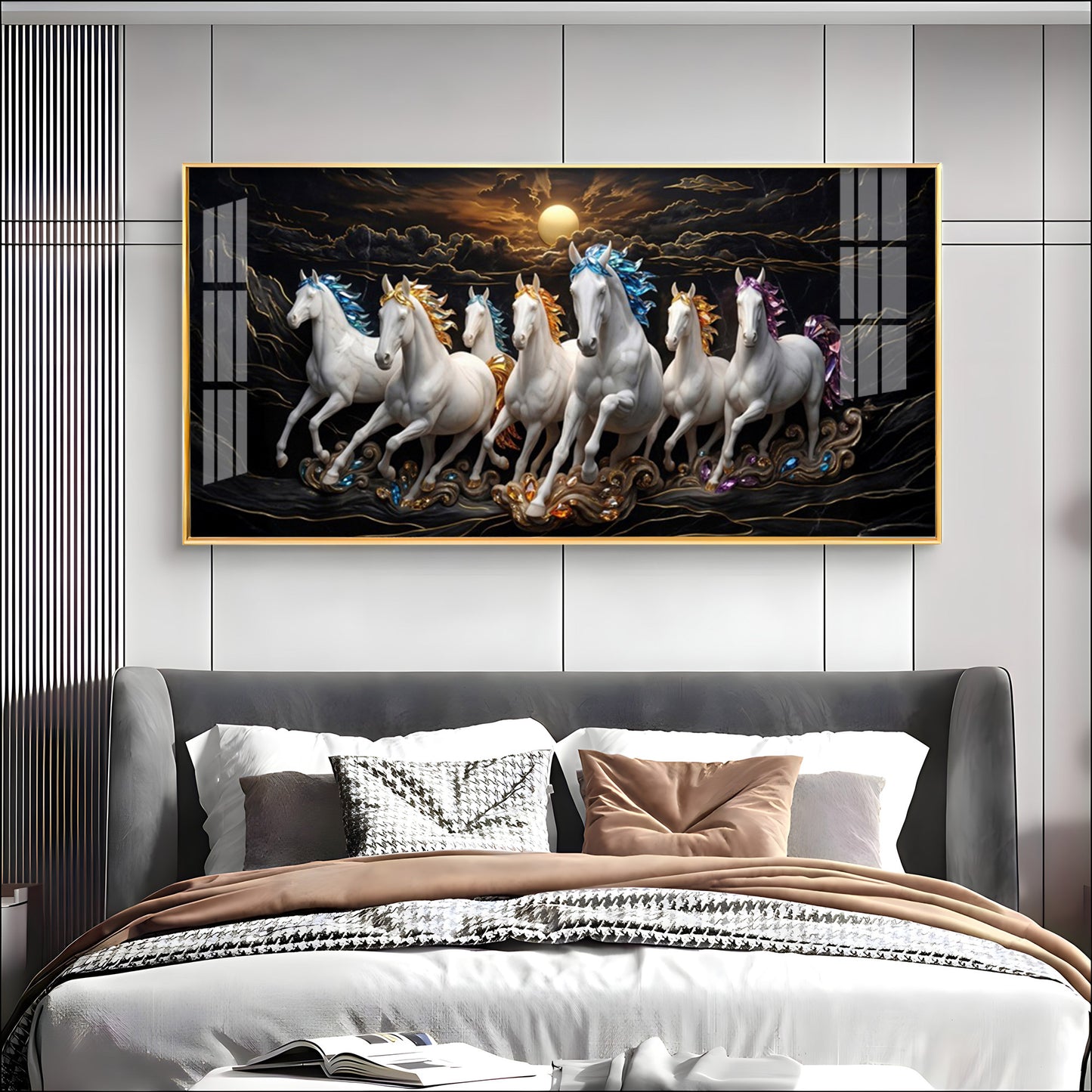 White Seven Running Vastu Lucky Horses Premium Acrylic Horizontal Wall Art