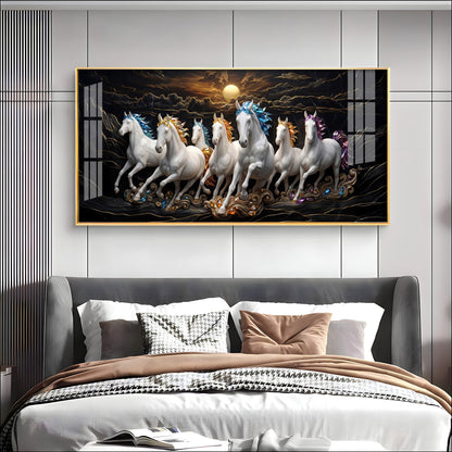 White Seven Running Vastu Lucky Horses Premium Acrylic Horizontal Wall Art