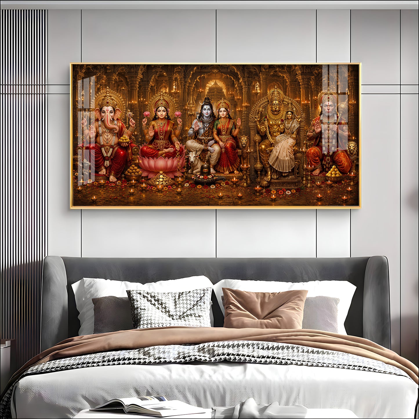 Ganesha, Lakshmi, Shiv Parvati, Narsing Dev,& Hanuman Ji Premium Acrylic Horizontal Wall Art