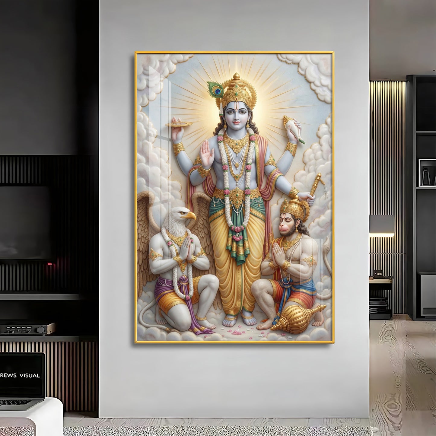 Lord Vishnu With Garuda And Hanuman Ji Premium Acrylic Vertical Wall Art