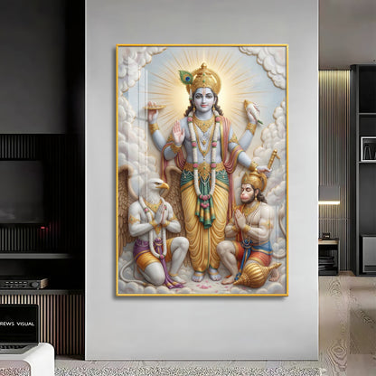 Lord Vishnu With Garuda And Hanuman Ji Premium Acrylic Vertical Wall Art