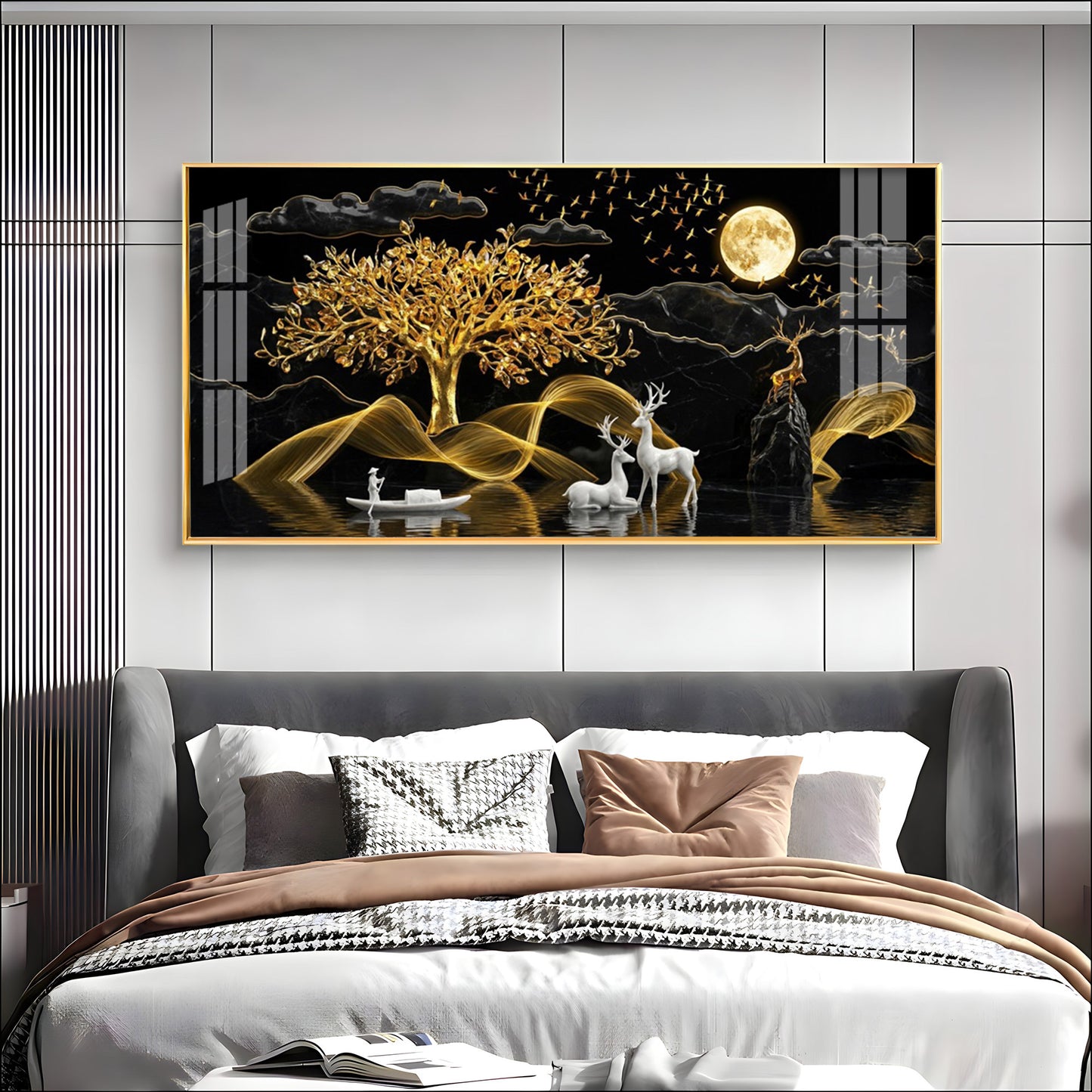 White Deer With Golden Tree Premium Acrylic Horizontal Wall Art