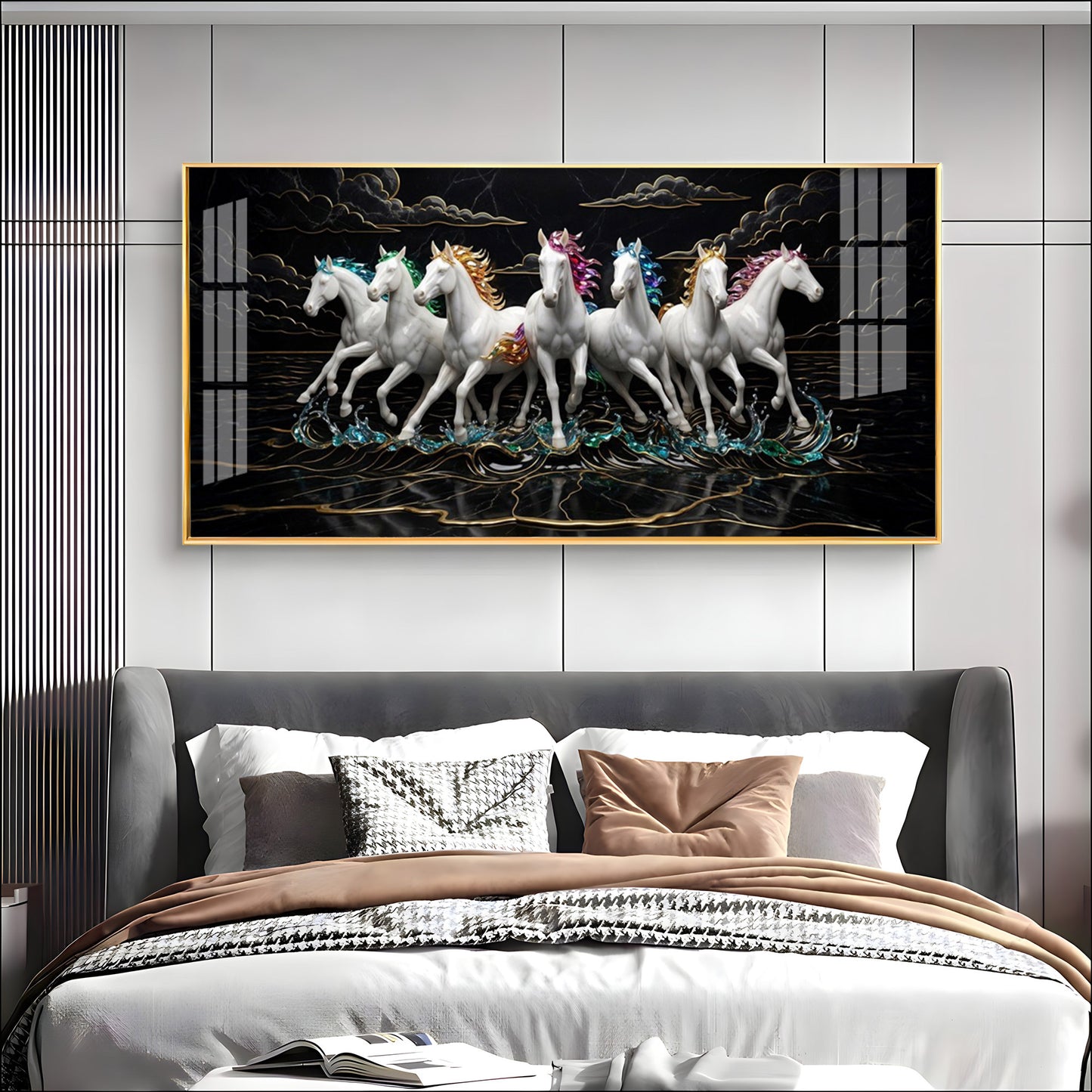 Splashing Stallions White Seven Horses Premium Acrylic Horizontal Wall Art