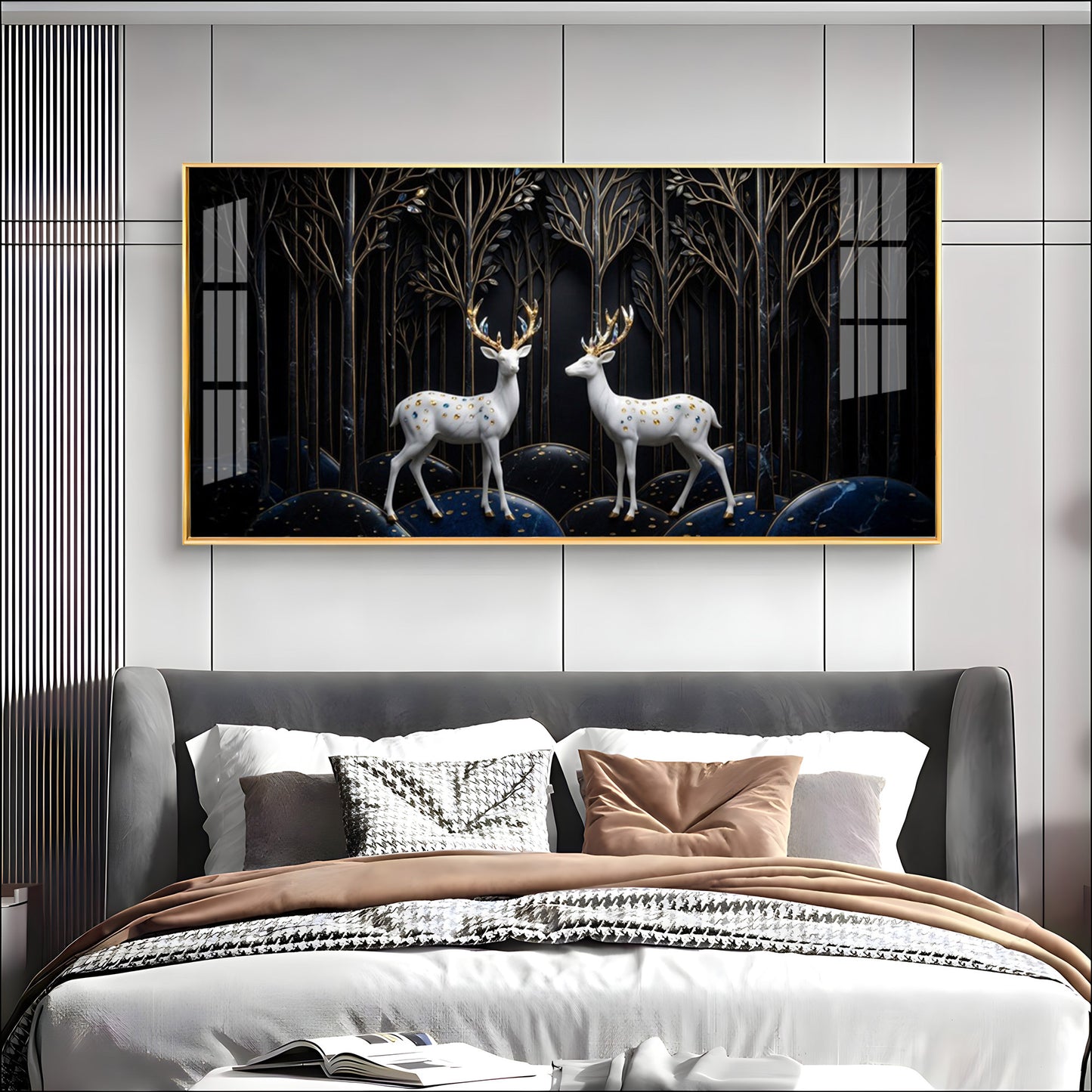 Two White Deer With Golden Antlers Premium Acrylic Horizontal Wall Art