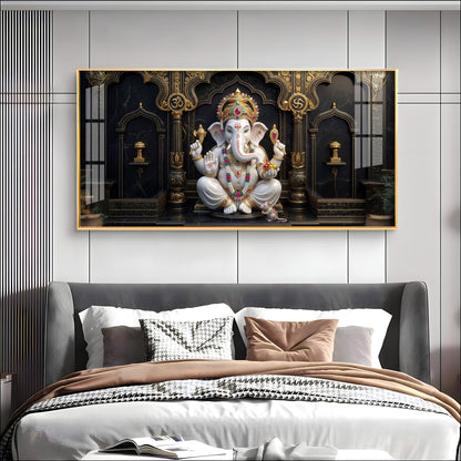 White & Gold Lord Ganesha Premium Acrylic Horizontal Wall Art