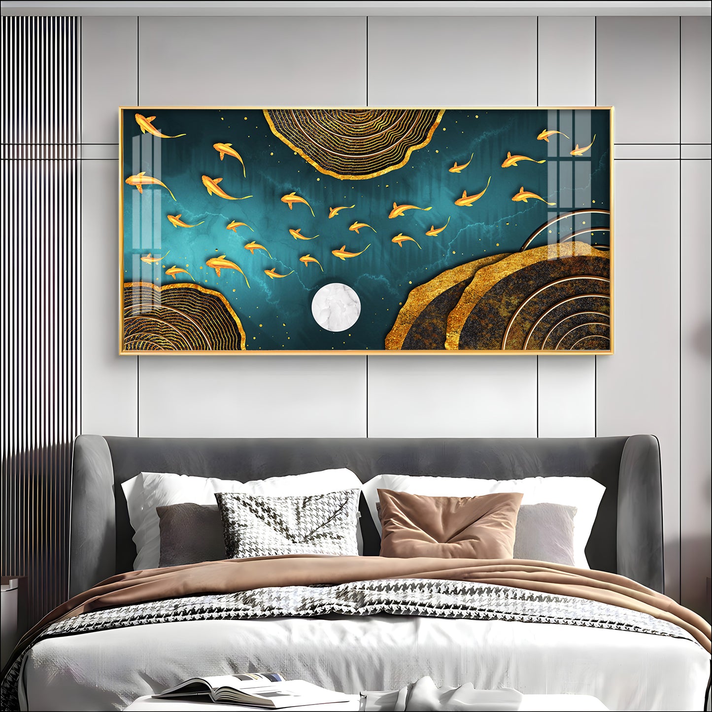 Features Golden Koi Fish Premium Acrylic Horizontal Wall Art