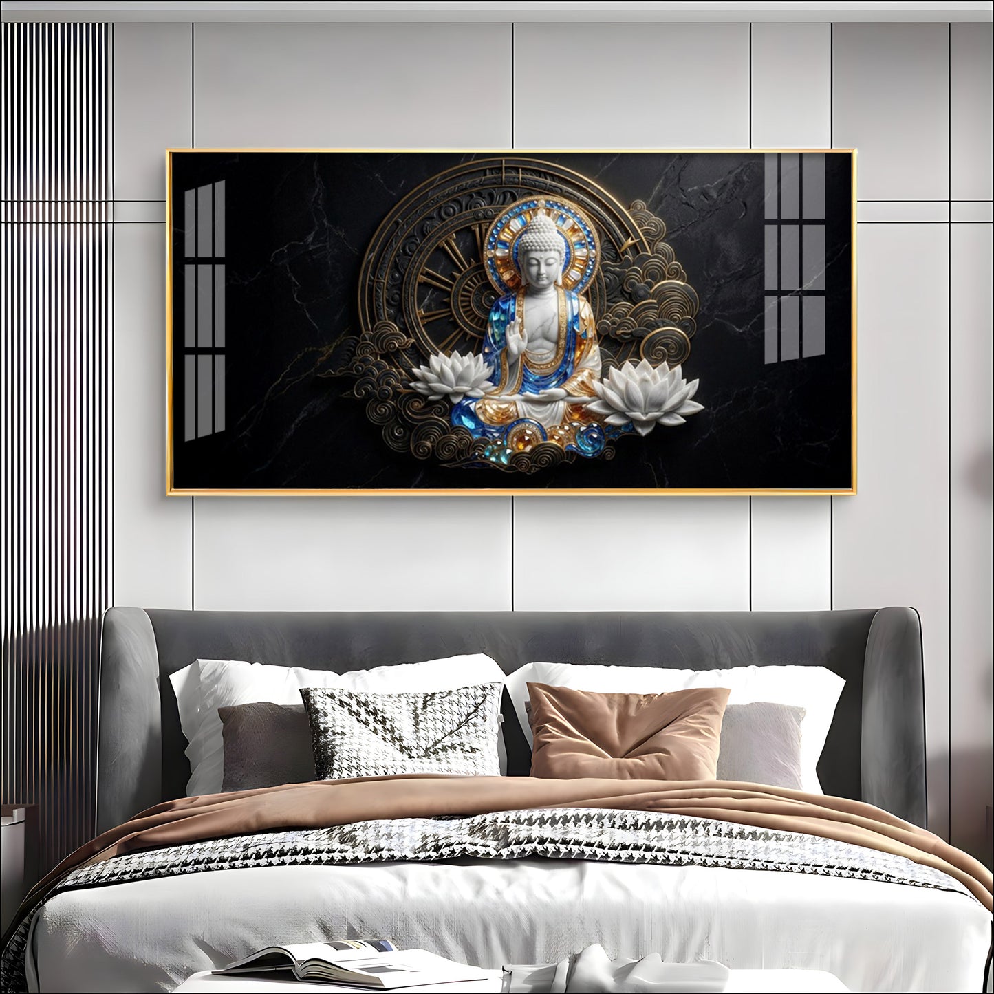 White & Gold Buddha With Flowers Premium Acrylic Horizontal Wall Art