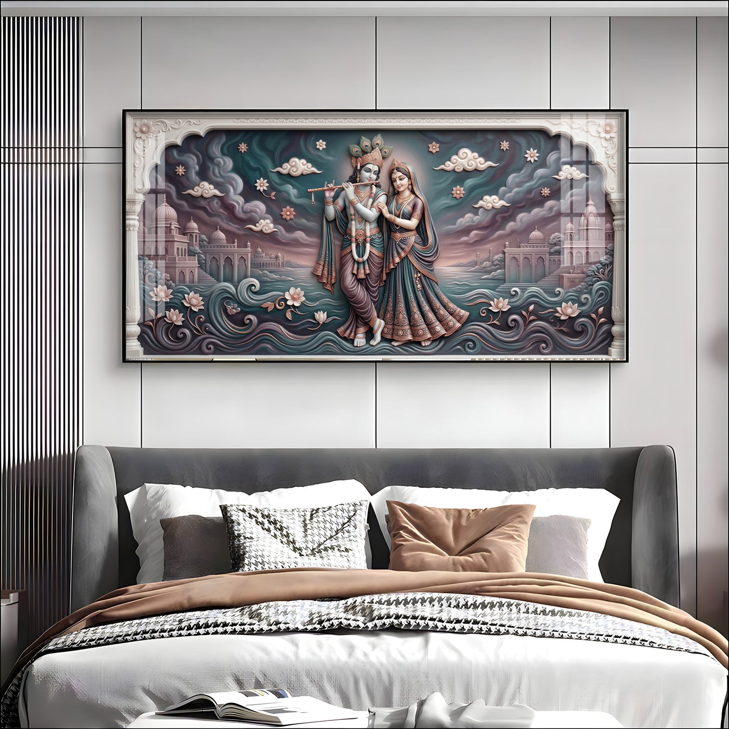 Radha Krishna In Lotus Filled Premium Acrylic Horizontal Wall Art