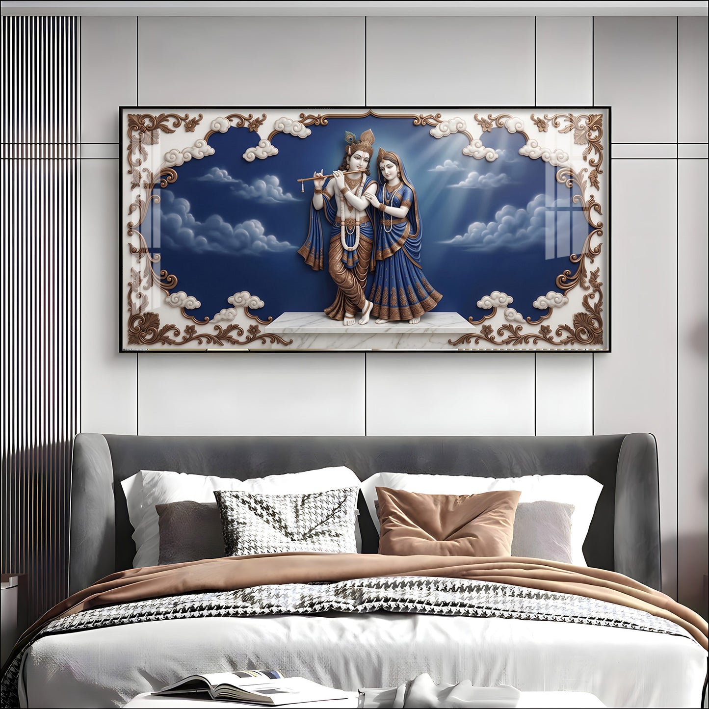 Radha Krishna Surrounded With Blue Backdrop Premium Acrylic Horizontal Wall Art