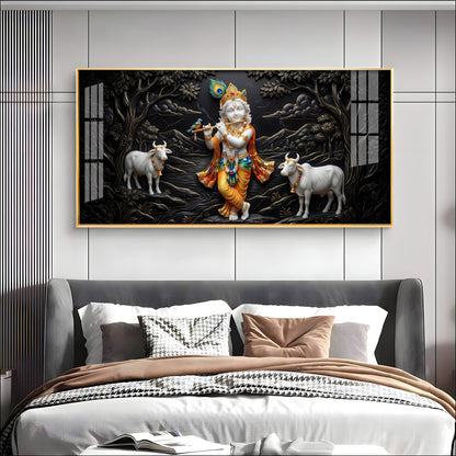 Lord Krishna With Cows Premium Acrylic Horizontal Wall Art