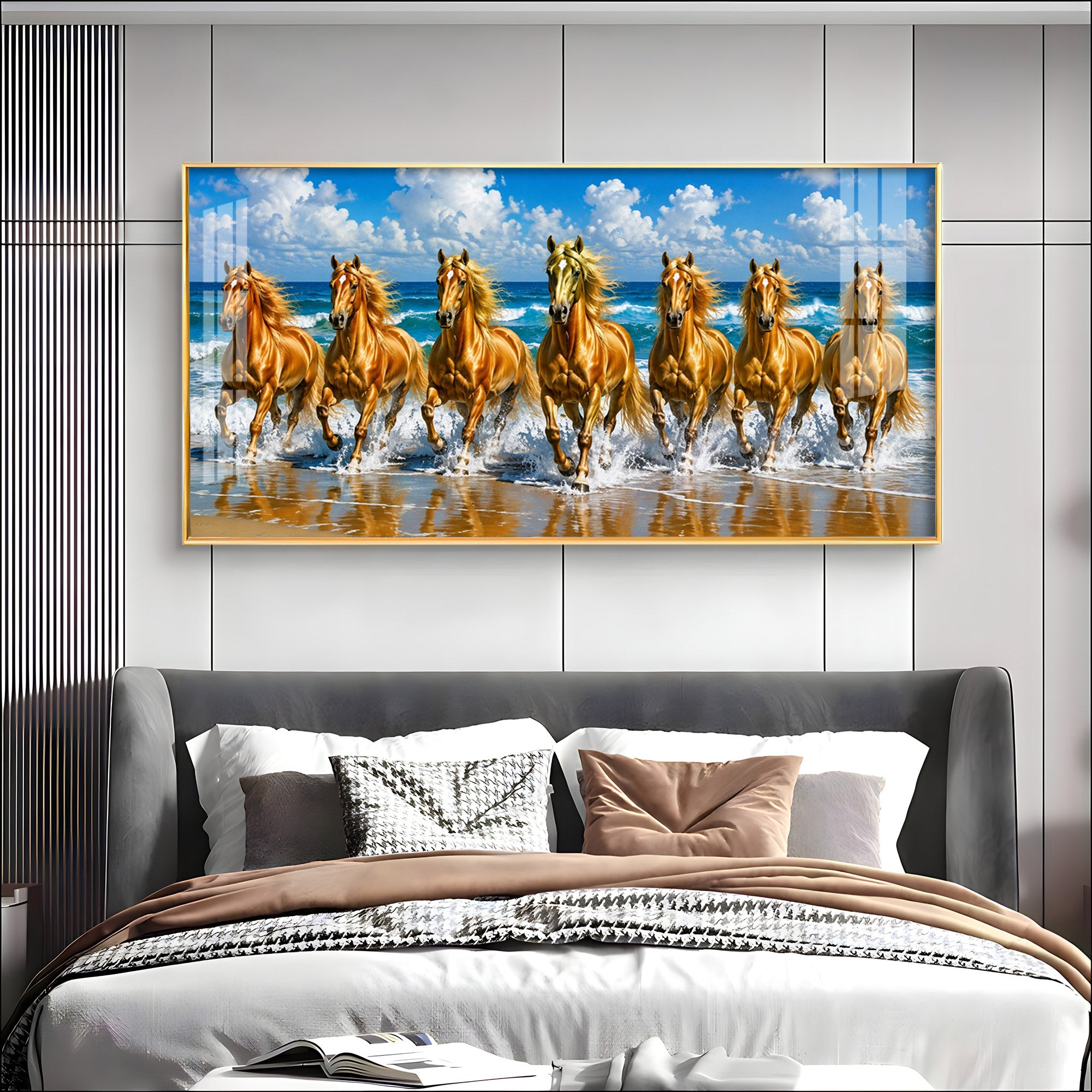 Seven Golden Horses In Ocean Premium Acrylic Horizontal Wall Art