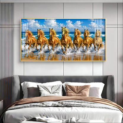 Seven Golden Horses In Ocean Premium Acrylic Horizontal Wall Art