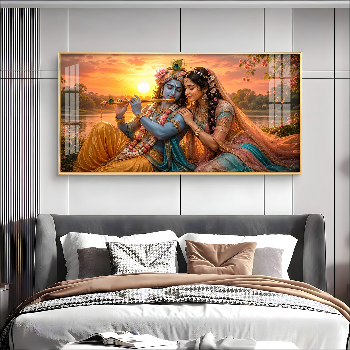 Radha & Krishna Sitting Tranquil Lakeside Premium Acrylic Horizontal Wall Art