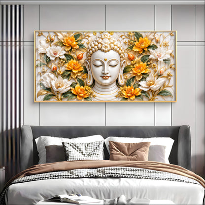 Buddha With Golden White Blossom Premium Acrylic Horizontal Wall Art