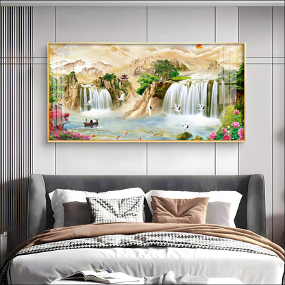 Serene Landscape With Cranes & Flowers Premium Acrylic Horizontal Wall Art