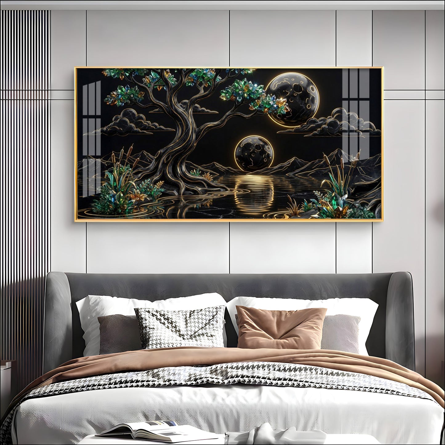 Tree & Sacred Mountains With Black & Gold Premium Acrylic Horizontal Wall Art