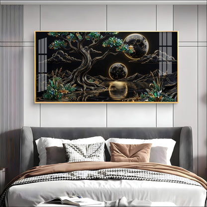 Tree & Sacred Mountains With Black & Gold Premium Acrylic Horizontal Wall Art