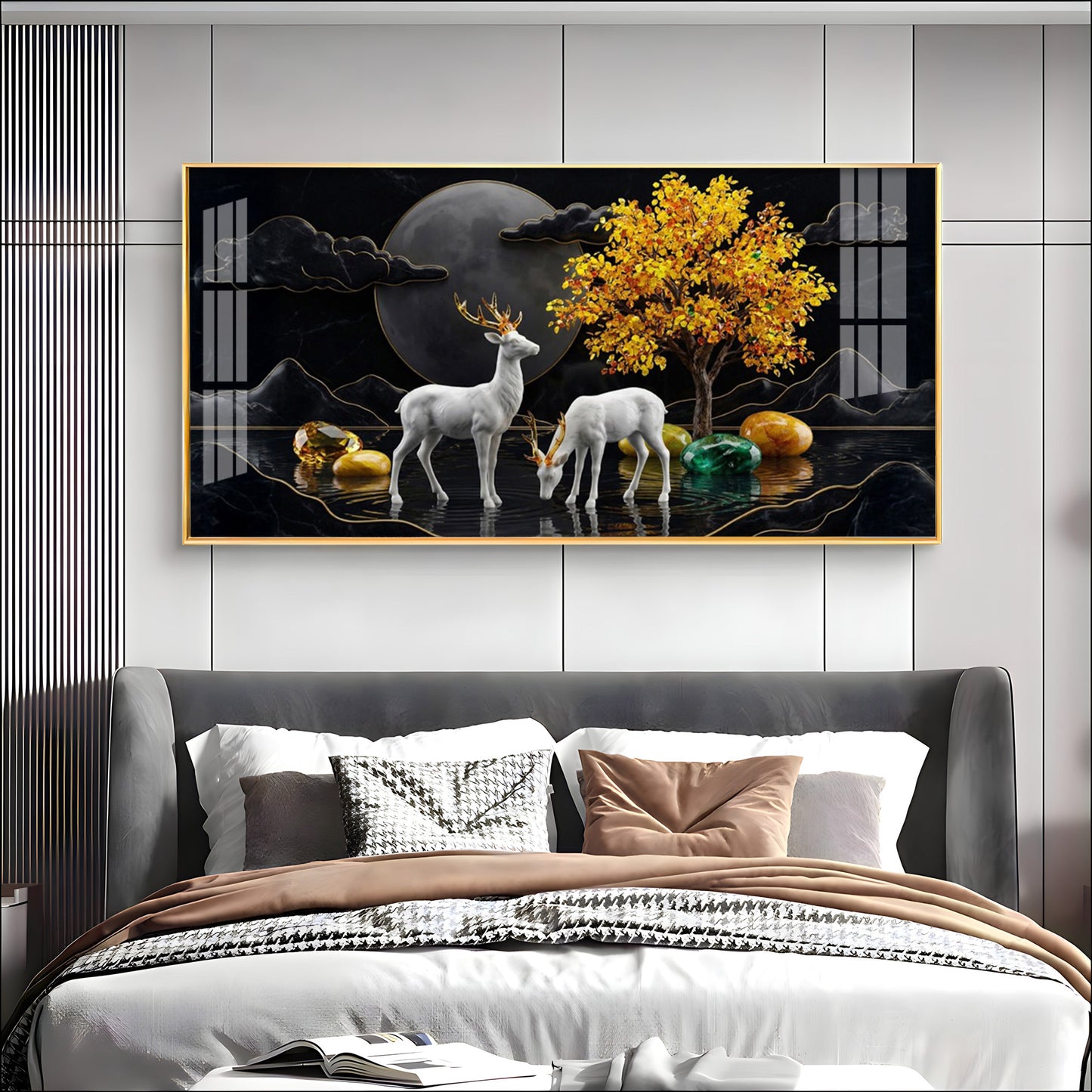 White Deer With Golden Horns Premium Acrylic Horizontal Wall Art
